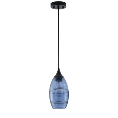 1-Light Matte Black Teardrop Pendant with Blue Art Glass Shade