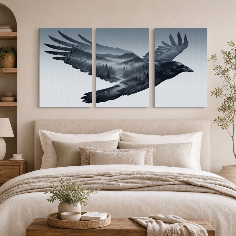 Ensemble de 3 toiles murales « Corbeau à double exposition : forêt brumeuse et rivière », H 30 po x l 20 po x 3 pièces