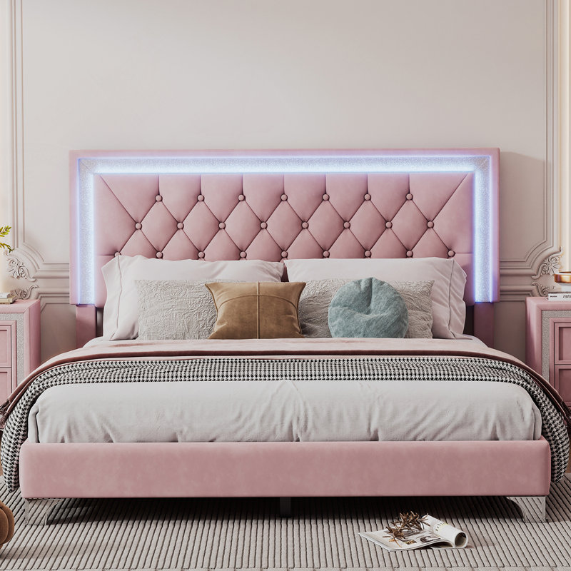 Structure de lit tapissier avec lit plat à DEL Svelvet et tête de lit capitonnée, Rose