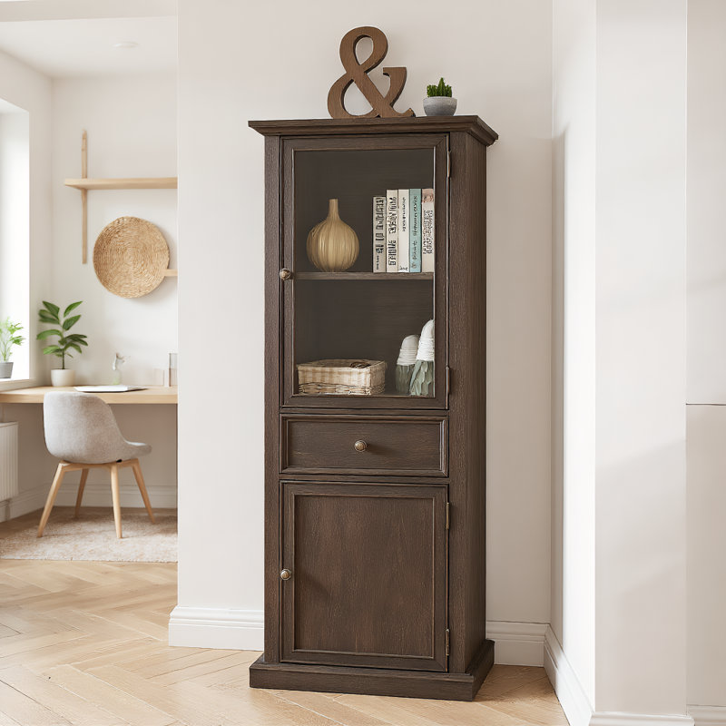 Narrow Tall Storage Cabinet With Drawer, Freestanding Sideboard Cabinet With Glass Door And Shelves, For Living Room, Kitchen, Dining Room, Office