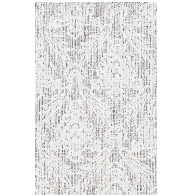 Chaffinch Hand Tufted Wool Cotton Pet Damask Rug in Ivory/Gray, Rectangle 3' x 5'