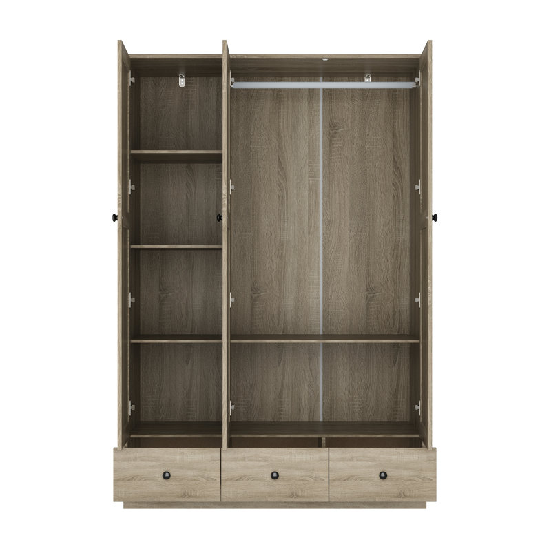 Armoire moderne à 3 portes avec panneaux en rotin, tiroirs spacieux et tablettes réglables pour l'organisation de la chambre à coucher