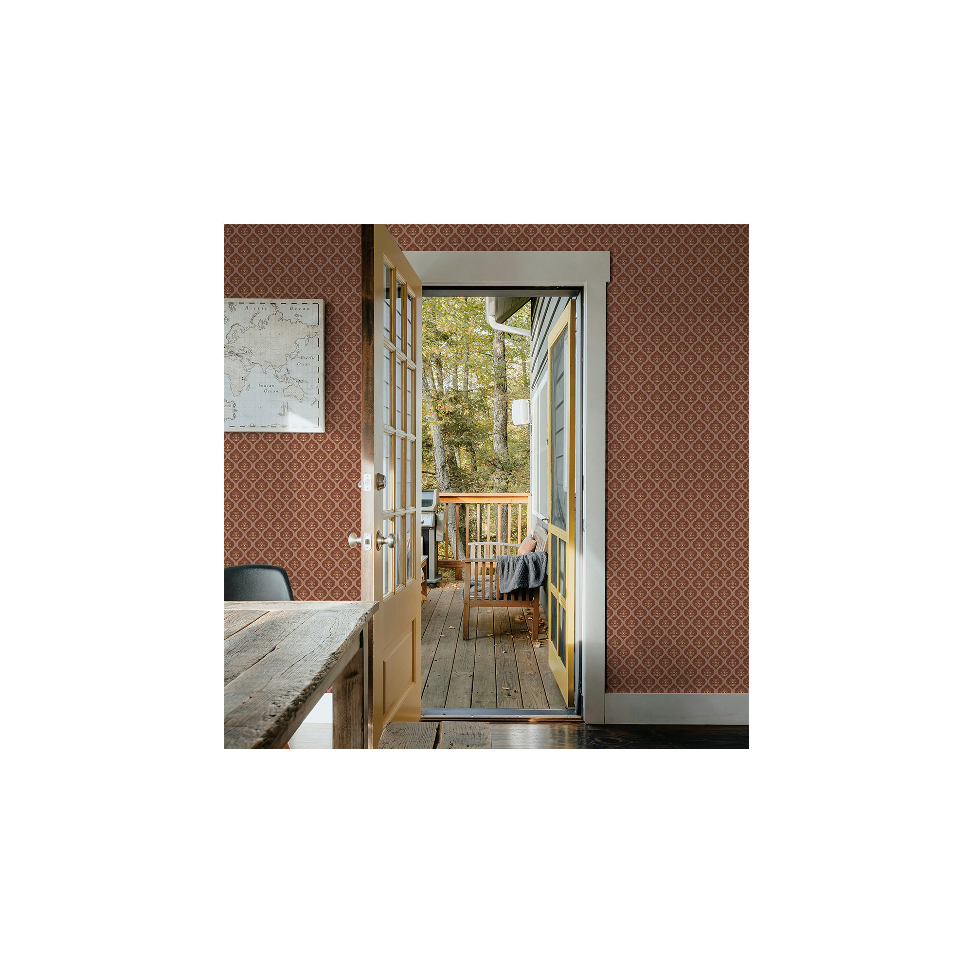 Ogee Garden Printed Authentic Grasscloth Wallpaper, Brown