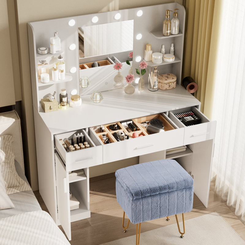 Lumina Makeup Vanity Desk Stool Set with LED Lighted Mirror & Power Outlet & 3 Drawers, 2 Cabinets, Gray