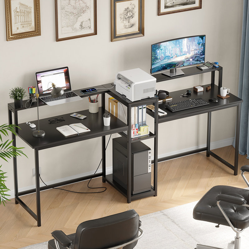 Double bureau d'ordinateur avec armoire de rangement centrale et tablettes supérieures - poste de travail pour adultes