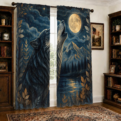 2Pcs Wolf Howling at Moon Curtains, Light Filtering Fabric, Mystical and Mountain Print, Rod Pocket Design, Suitable for Living Room, Bedroom, Balcony, Kitchen Home Decoration