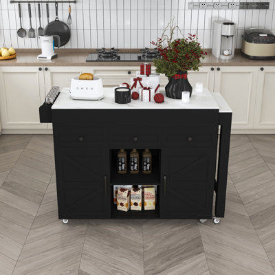 Jamera 74.8" Kitchen Island With Extendable Dining Table, Marble Veneer Top
