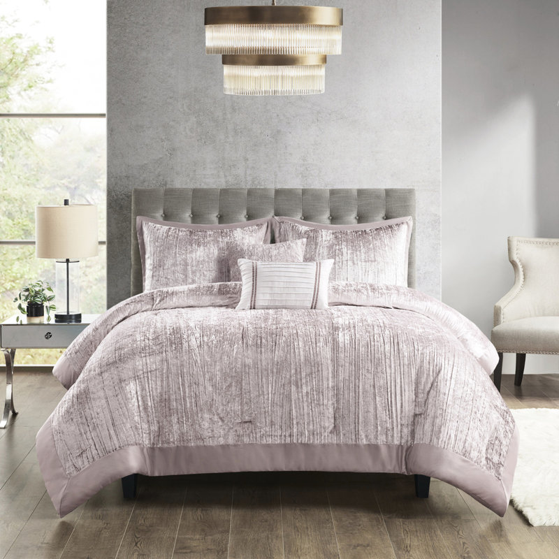 Édredon 5 pièces rosé double / grand - velours froissé, 2 taies décoratives et coussins décoratifs