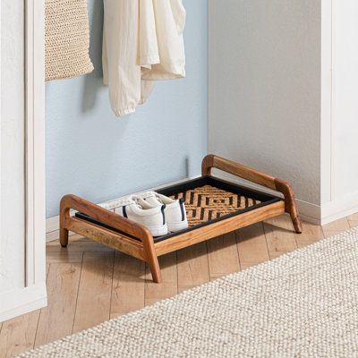 Premium Solid Wood Boot Tray Stand with Natural Coir Mat - Entryway & Mudroom Shoe Organizer