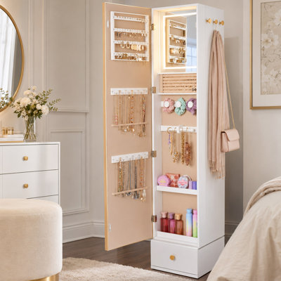Armoire à bijoux pivotante White 360, miroir pleine longueur et cadre en métal doré