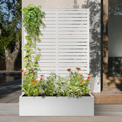 Raised Garden Bed with Trellis, Metal Privacy Planter Box with Louvred Screen for Patio, Balcony & Garden