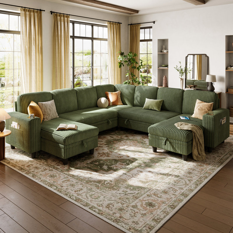 Sherry 106" Convertible Plush Sectional Sleeper Sofa With Storage Chaise & USB Charging, Bella Forest Green Corduroy