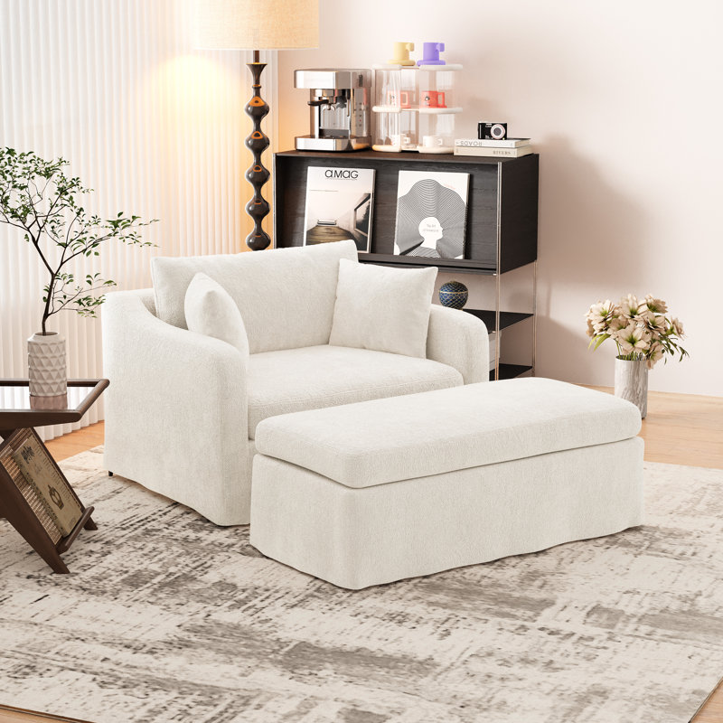 Fauteuil d'appoint rembourré avec repose-pieds en chenille, Beige