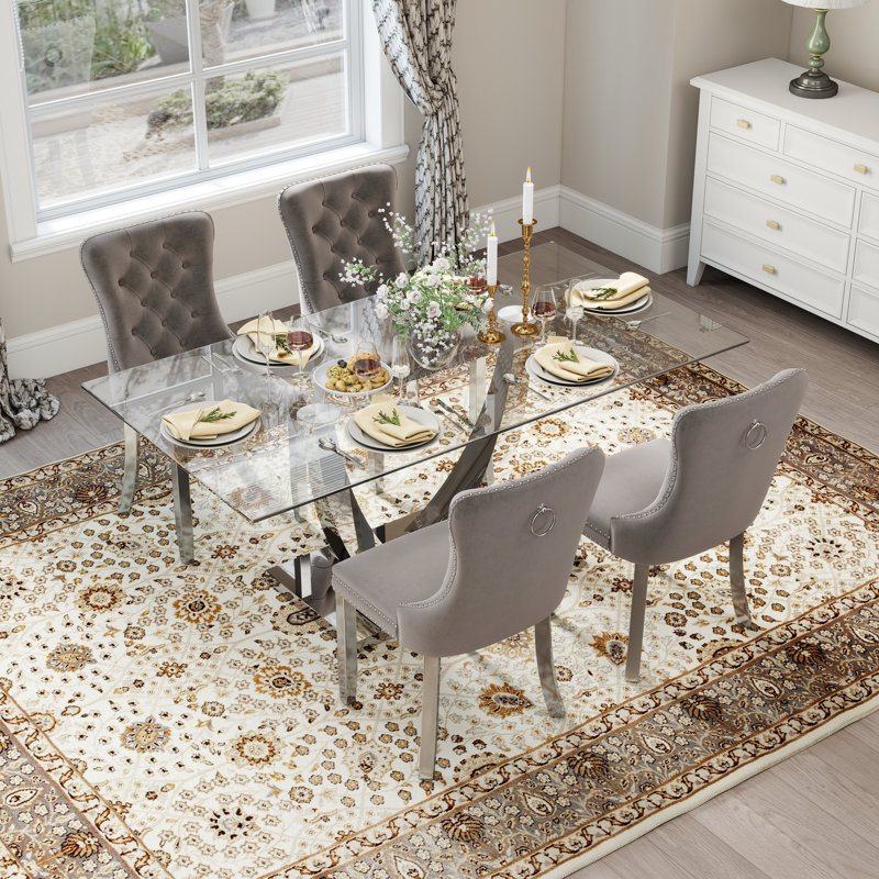 Kelisia 4 - Person Pedestal Dining Set, 30"H x 63"L x 35.4"W, Silver, Gray