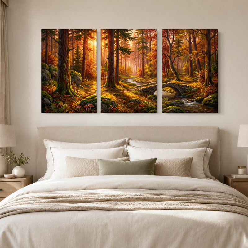 «Mossy Autumn Forest Stream Crossing Stone Bridge», ensemble de 3 toiles murales, H 24 po x l 16 po x 3 pièces