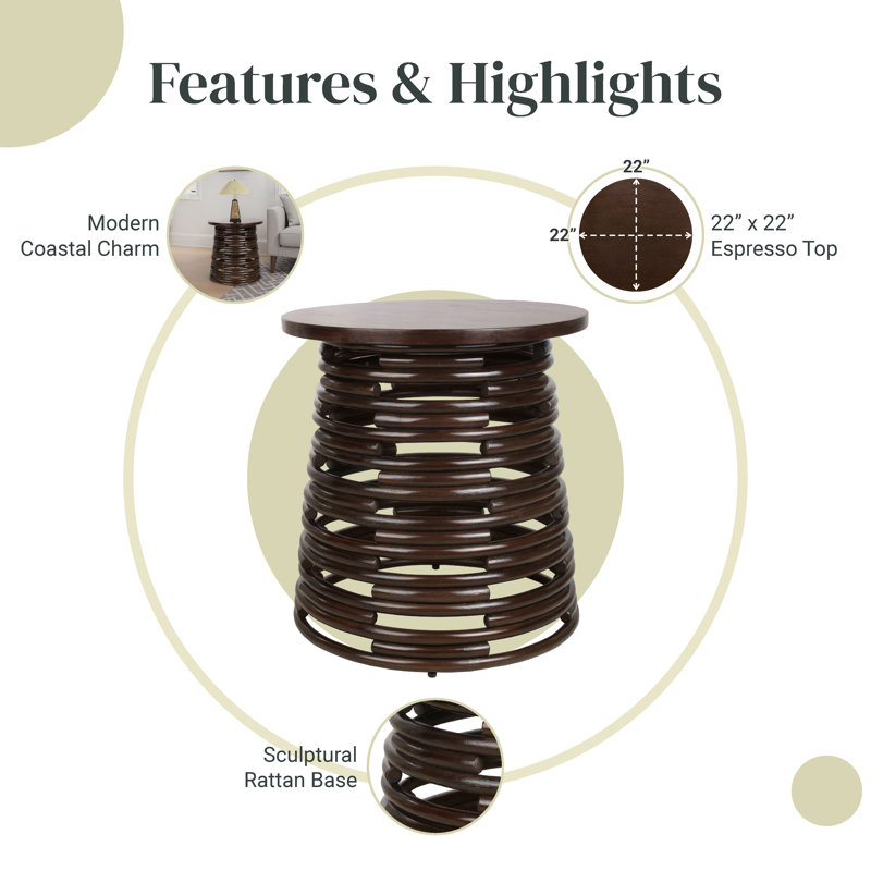 Zeke Rattan Round Coffee Or Side Table, Espresso Brown, Espresso Brown