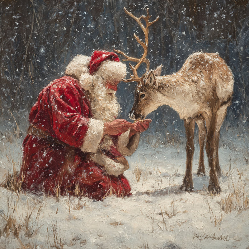 Père Noël et renne dans la neige, art mural sur toile, H 20 po x l 20 po