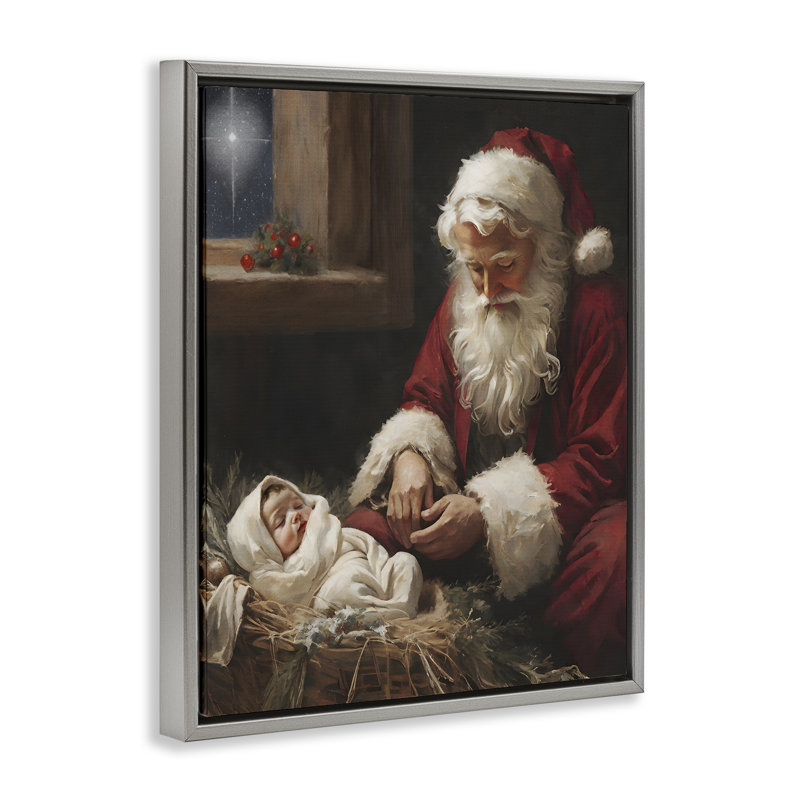 Père Noël avec cadre flottant bébé Jésus, design par Jo Moulton, H 21 po x l 17 po, Cadre flottant gris lustré
