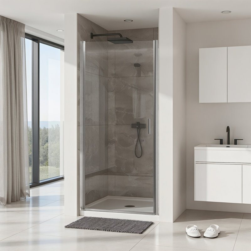 34" W x 72" H Pivot Shower Door Swing Shower Door with Clear Tempered Glass Semi-Frameless Design