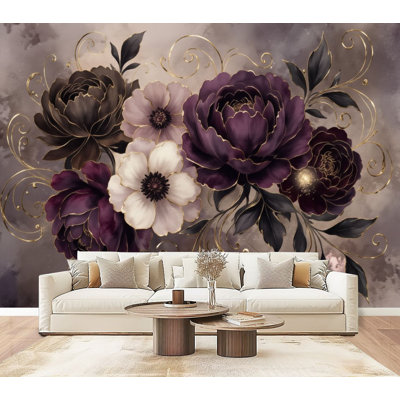 Peel and Stick Wallpaper Luxurious Dark Purple Gold Floral Elegant Peonies Abstract Wall Murals 69"H x 96"W Removable PVC Wall Paper Self-Adhesive Wall Decor for Bedroom Living Room Home Office