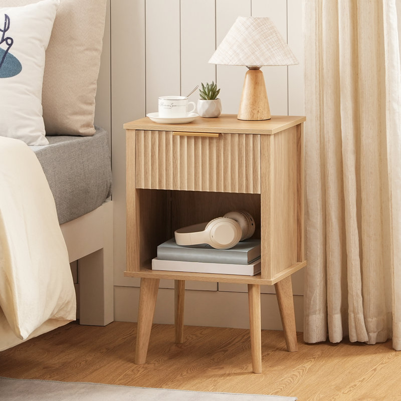 24" Fluted Nightstand with Drawer & Open Cubby,Wood nightstand, Natural