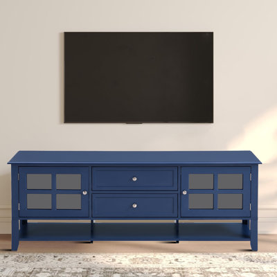 Meuble télé moderne avec portes vitrées, 2 tiroirs et tablettes de rangement