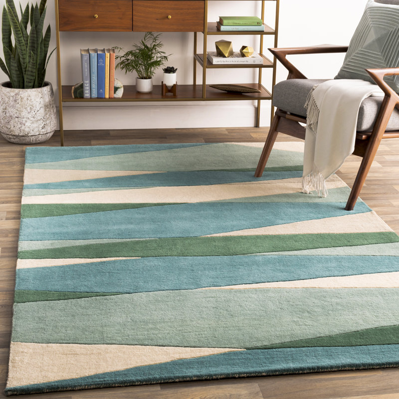 Tapis crème / vert foncé / bleu sarcelle touffeté à la main Ayeln, Tapis de couloir 2 pi 6 po x 8 pi