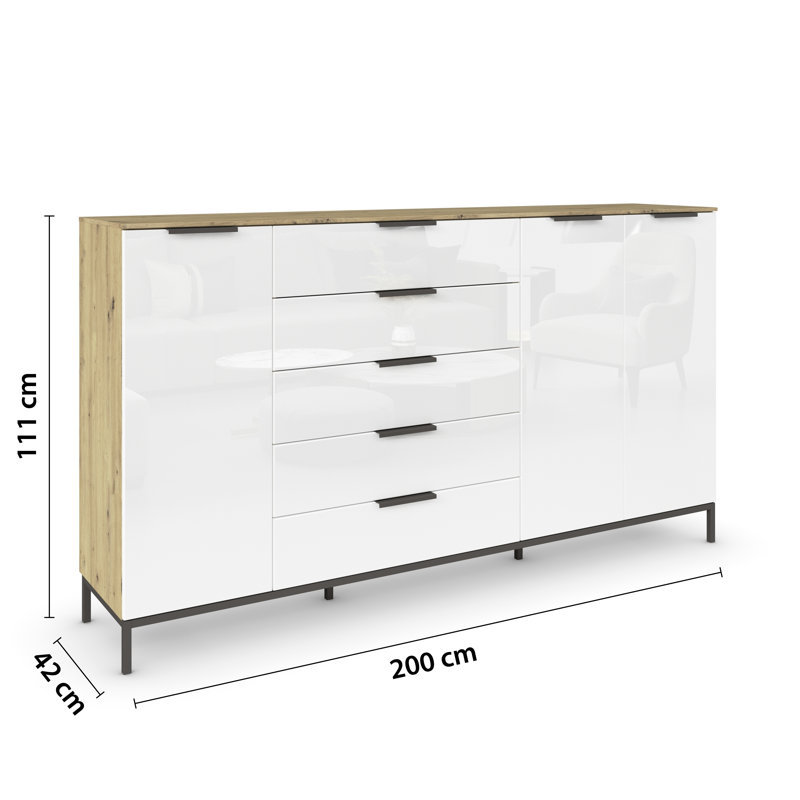 Flipp 5 - Drawer Chest of Drawers, Artisan Oak/White Glass/Graphite