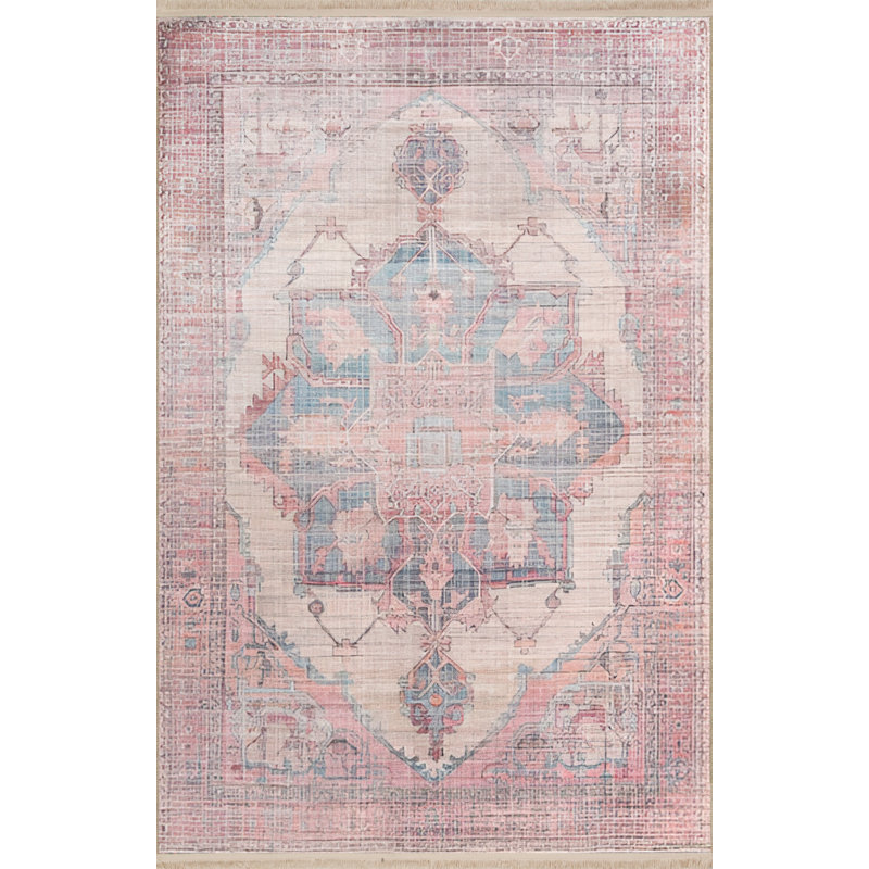 Tapis intérieur / extérieur rose en polypropylène tissé à la machine Sashka, Tapis de couloir 3 pi 11 po x 6 pi 7 po