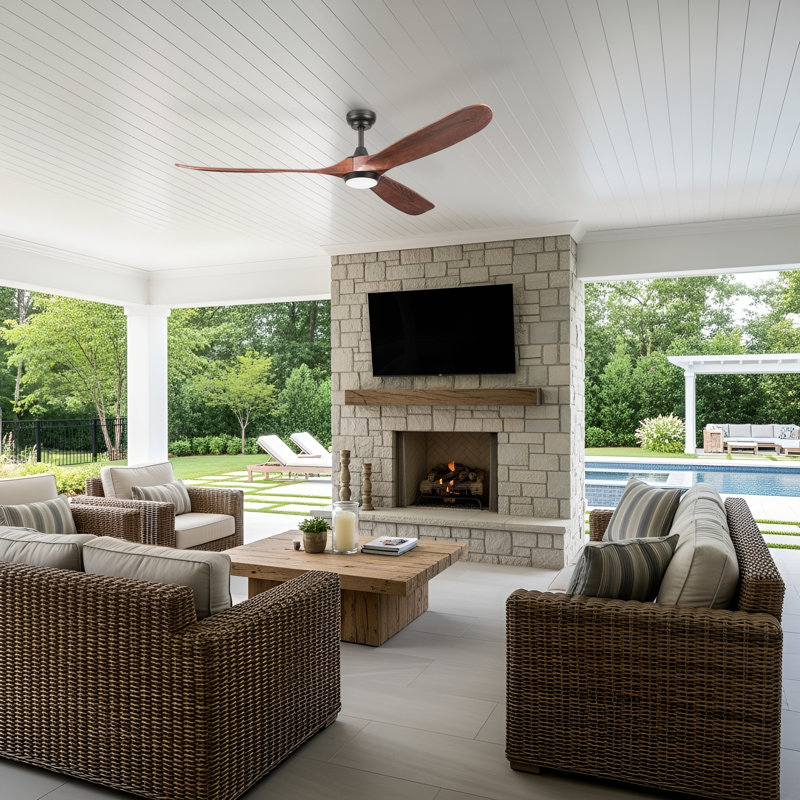 Honeywell Taiga 70" Matte Black Damp Rated Ceiling Fan with Light, Solid Wood Redwood Blades and Remote Control