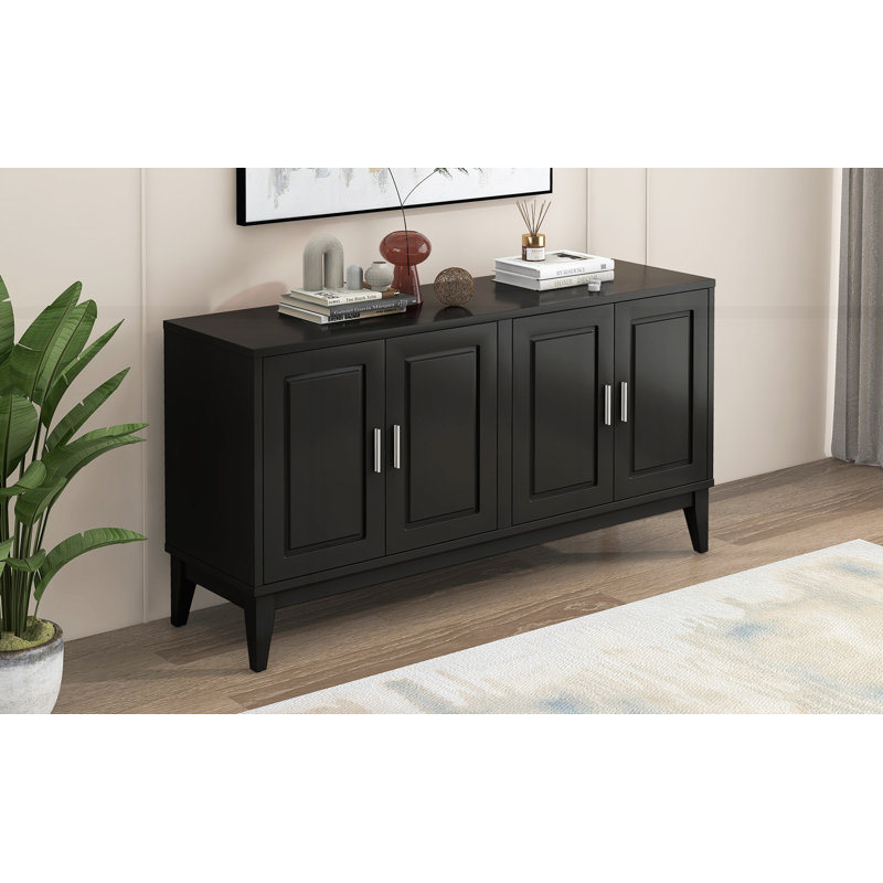 Armoire de rangement à 4 portes avec tablette et porte pour le salon et la salle à manger, Noir