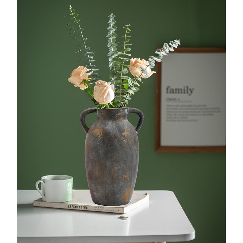 Ceramic Vase With Handle, Vintage Farmhouse Pottery Vase For Home Decor, Bronze