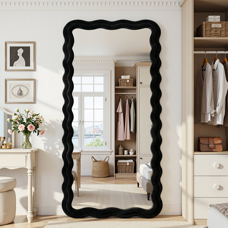 Irregular Wavy Full Length Mirror with Flannel Wrapped Frame, Black, 81" x 41"