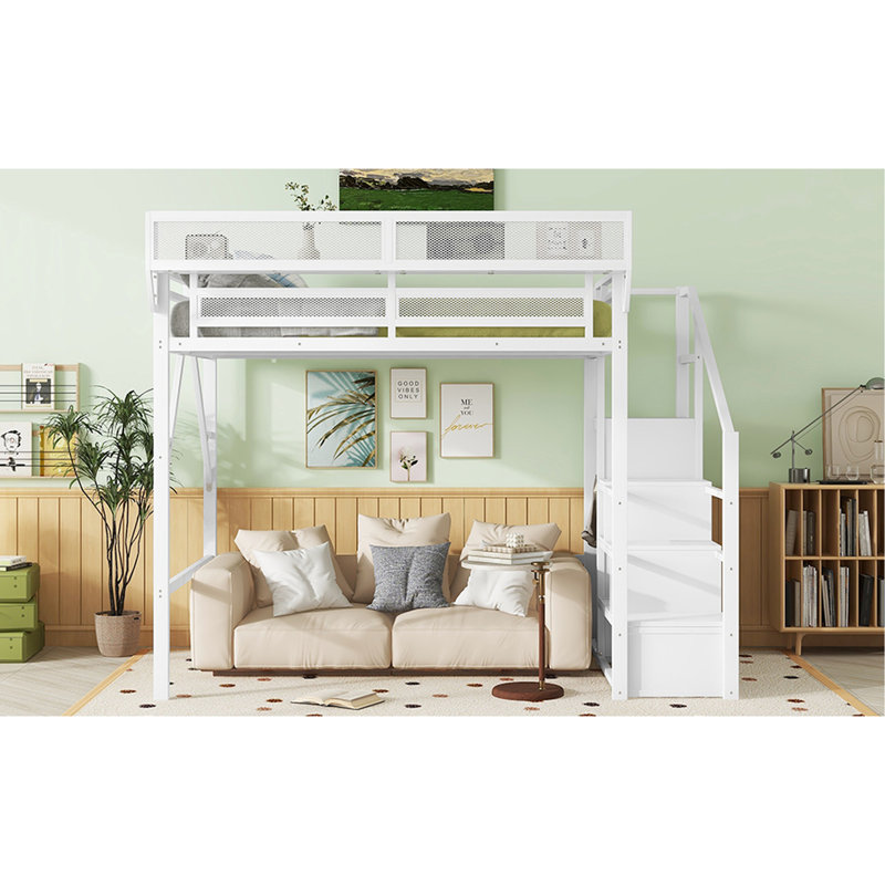 Lit mezzanine haut avec escalier, tablettes de rangement et garde-robe, lit double en métal blanc, espace de couchage pour les adolescents