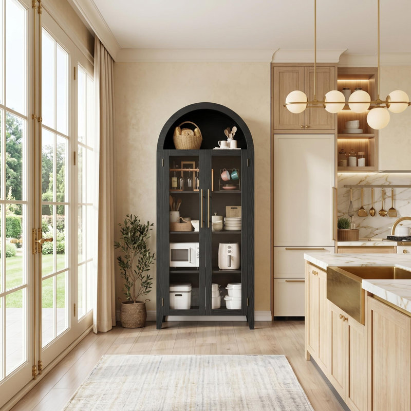 Garde-manger arqué avec 2 grandes portes vitrées et tablette réglable pour la cuisine, la salle à manger et le salon, Noir