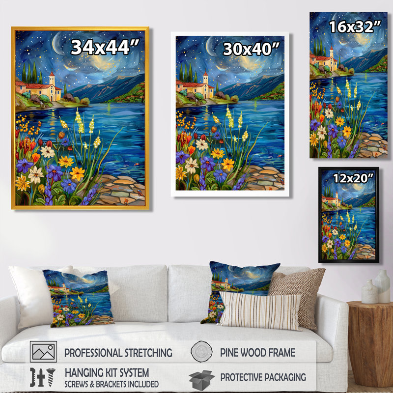 Fleurs printanières, rivière, ville magique, impression d'art mural, H 32 po x l 16 po x P 1 po