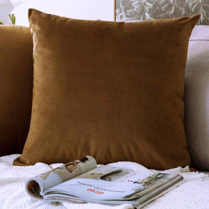 Housse de coussin en velours uni, Brun, H 20 po x l 20 po