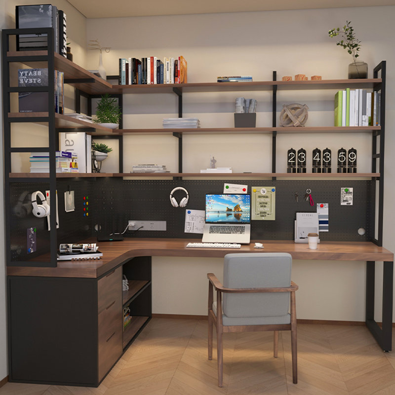 Solid Wood L-Shaped Desk Integrated with Bookcase and Bookshelf, 82.68" H x 94.49" W x 39.37" D