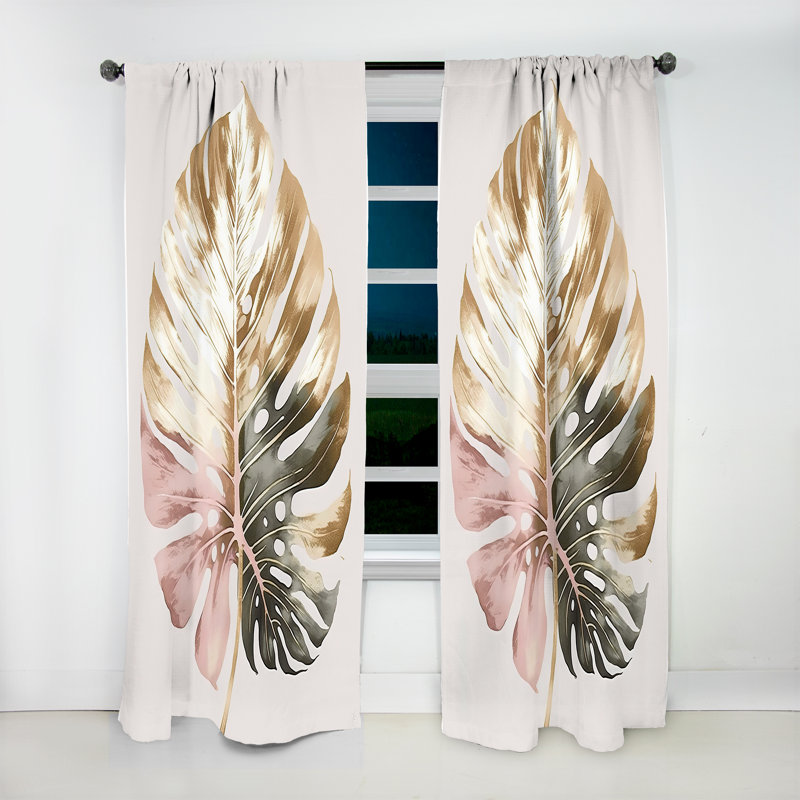 Rideau à motif floral feuille d'or Philodendron II doré et blanc obscurcissant - 1 panneau, L 52 po x L 84 po