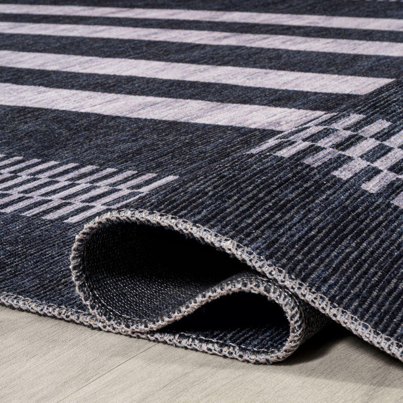 Zipporah Geometric Striped Machine-Washable Black/Ivory Rug, Rectangle 3'11" x 6'