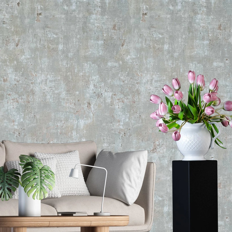Faux béton texturé, peinture patinée gris olive, papier peint métallique gris