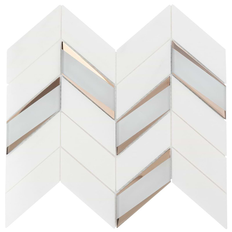 Kasol 11x13 Chevron Polished Marble and Mirrorerd Glass Mosaic Tile, Golden Mirror