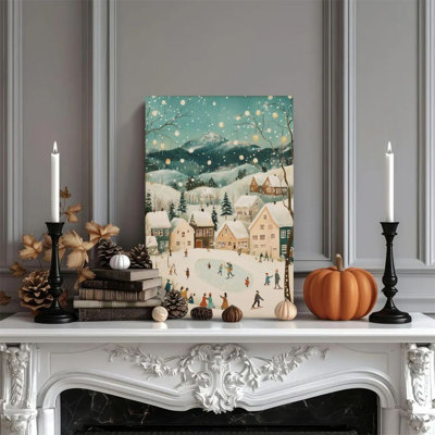 1pc Framed Kingery Painting Winter Snow Village, Ice Skating, Nordic Fairy Tale Style Decor Print Vintage Wall Poster Home Decor Perfect Gift for Modern Artwork For Bedroom Living Room