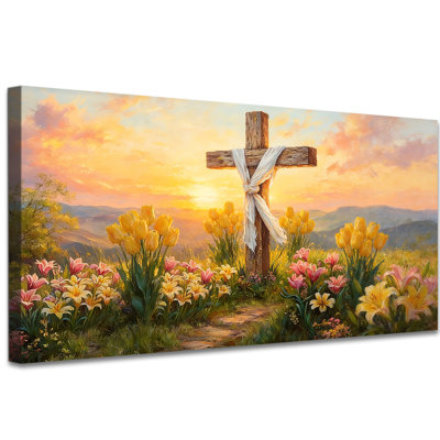 Easter Cross Sunrise Canvas Wall Art, Religious Christian Poster, Spring Flower Landscape Canvas Prints, Ready to Hang Resurrection Art Picture for Home Bedroom Living Room Decor, 12×24 Inches