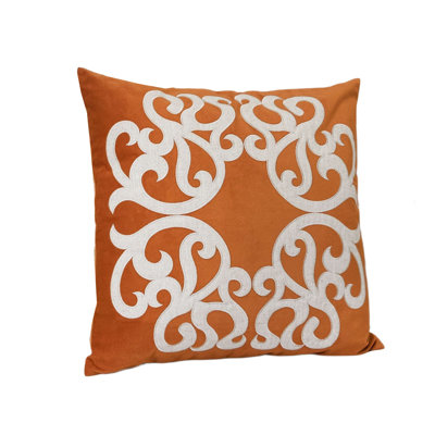 Dery Throw Pillow, Vintage Vine Accented Orange Velvet, 20 Inch Square