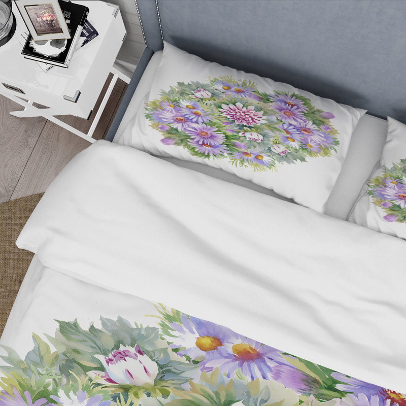 Bouquet de chrysanthèmes et de marguerites mauves - Ensemble de housse de couette traditionnel - Microfibre de polyester