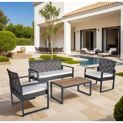 4-piece Patio Furniture Set Outdoor Balcony Porch Garden Backyard Lawn Furniture Acacia Wood Table Top, Brown by Ebern Designs