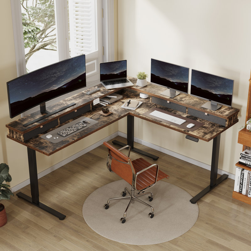 Bureau debout en L avec tiroirs, tablette, table de jeu réglable pour la maison, le bureau, le joueur, Brun rustique / noir