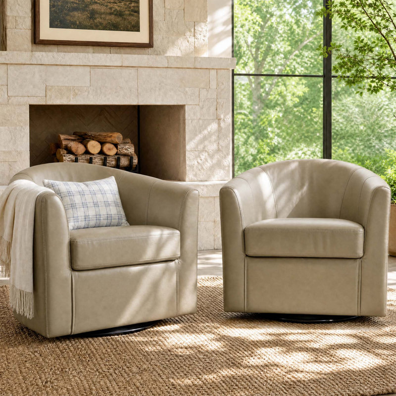 Fauteuil demi-tonneau pivotant en similicuir crème Parlington, Crème