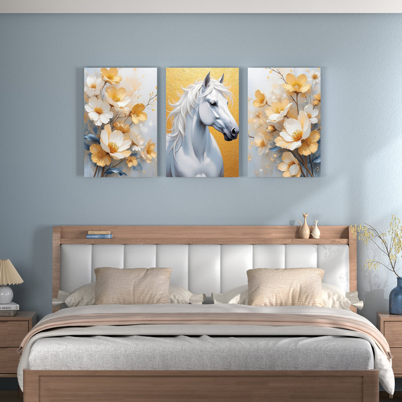 Tableau sur toile tendue représentant un cheval blanc et des fleurs dorées (lot de 3), H 18 po x l 36 po